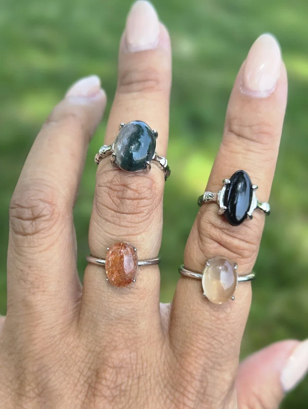 Dainty Black Obsidian Crown Marquise Ring Silver Adjustable